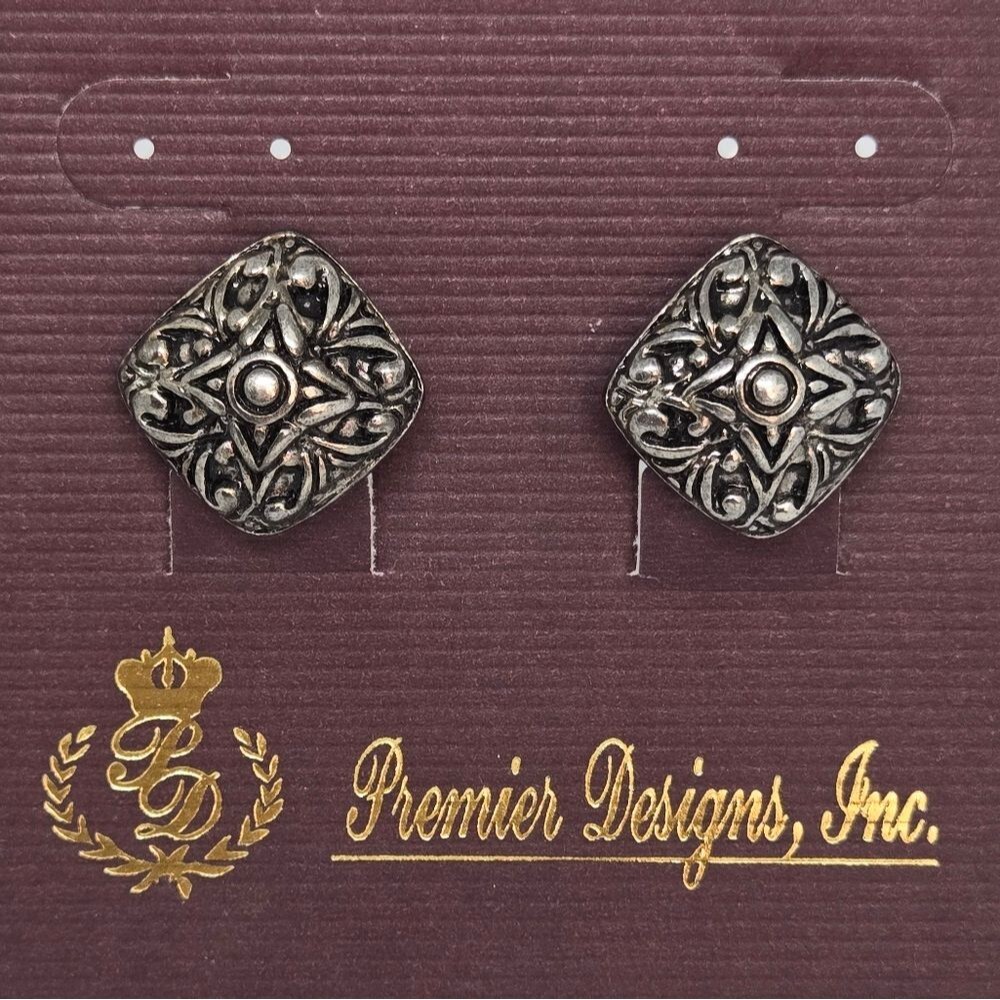 Vintage Premier Designs Retired Bailey Filigree Square Post or Clip On Earrings